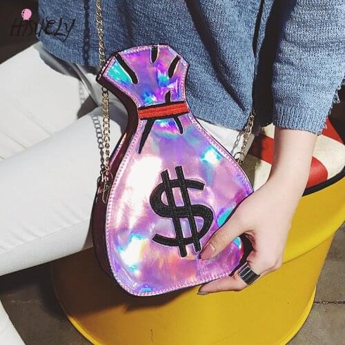 Creative funny laser money shape women shoulder bags luxury designer chains messenger crossbdoy bag pu leather gold small purses