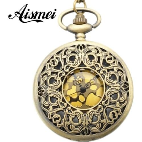 25pcs/lot New Steampunk Quartz Dress Pocket Watch Hollow Flower Vintage Style Bronze Necklace Pendant Chain Clock
