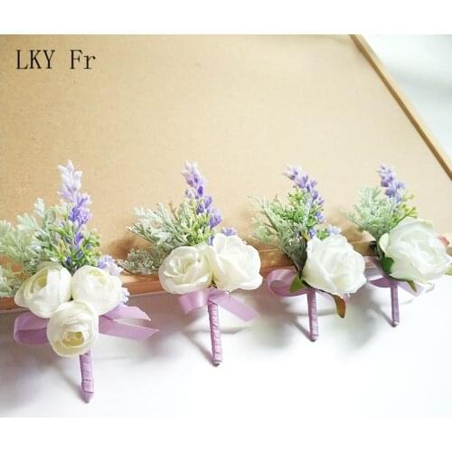 LKY Fr Boutonniere Corsage Wedding Bracelet Bride Flower Silk Rose Boutonniere Men Wedding Groom Buttonhole Marriage Accessories