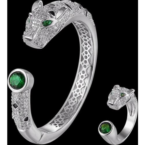 Zlxgirl Brand Green Eye Leopard bangle and Ring Jewelry Set for wedding fine bridal bracelet couple gifts free Velvet bag