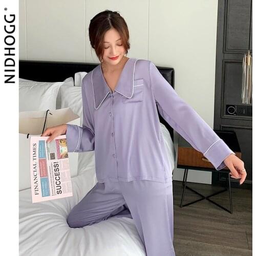 2020 New Thin Long Sleeve Silk Pajamas Solid Turn-down Collar Sleepwear Women 2 Piece Set Autumn Satin Sleepwear Sexy Nightwear