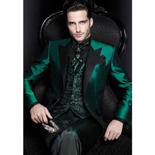 2020 New Arrivals Italian Green Men Suits Satin Slim Fit Formal Groom Ball Gown Tuxedo Male Coat 3 Piece Set Jacket Pants Vest