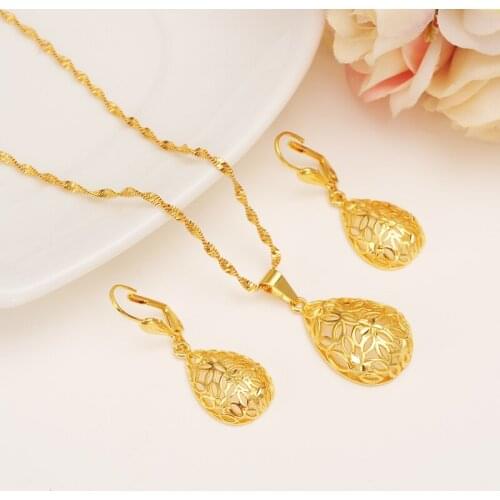 Lovely Water D Pendant Necklace Earrings Set Petal 14 k Fine Yellow Gold Filled Trendy Party Jewelry Sets For Women Gift