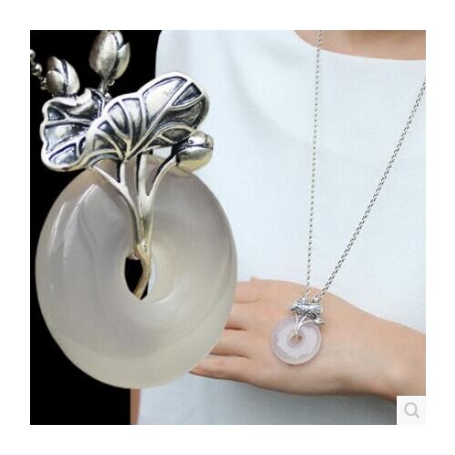 Sterling Silver Necklace Womens sweater chain long silver jewelry national wind safety deduction chalcedony pendants birthday g
