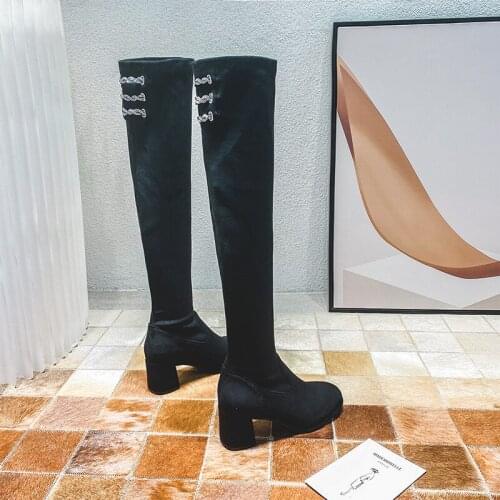 Knee-high boots 2020 autumn/winter new velvet boots chunky heels retro classic high boots fashion crystal women shoes