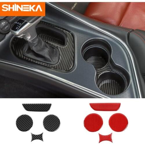 SHINEKA Carbon Fiber Accessories For Challenger Car Gear Shift Panel Cup Holder Trim Cover Stickers For Dodge Challenger 2015
