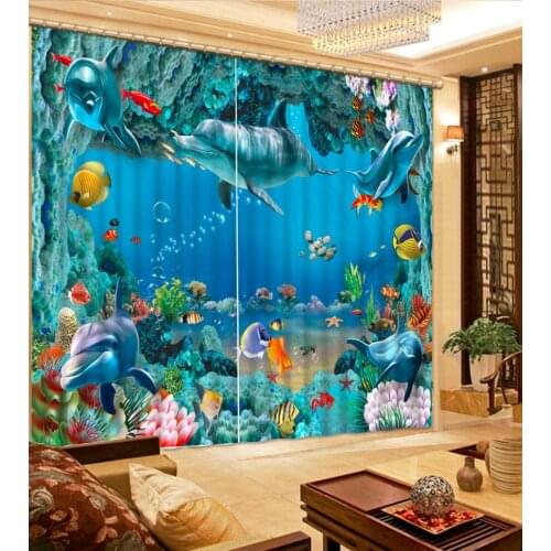 Customize modern-curtains-for-living-room Sea World Dolphin white black luxury curtains butterflies