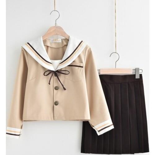 Japanese School Uniforms For Women Milk Tea Sailor Suit Cute Girls Student JK Uniforms Tops + Coffee Pleated Skirts