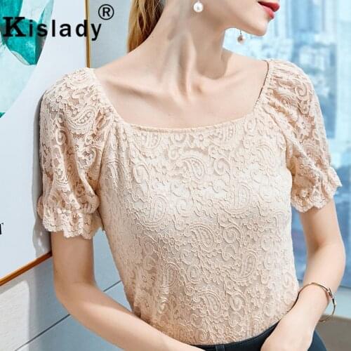 2020 Spring Summer Fall Womens Hollow Out Square Collar Gothic Shirt Sexy Lace OL Tops Harajuku Shirt Korean Vintage Clothes