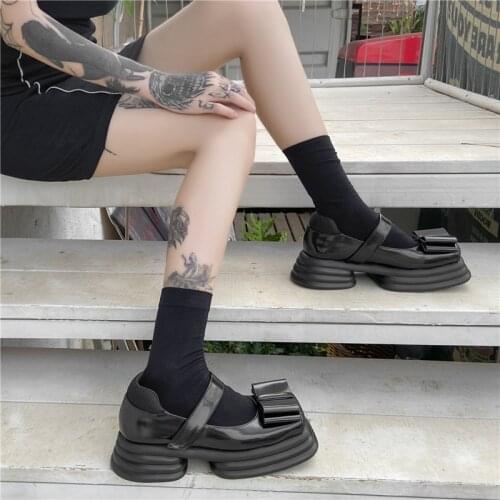 Boussac Brand Design Hook&Loop Bowtie Platform Mary Janes Shoes Women Square Toe Special Heel Goth Y2K High Heels Women Pumps