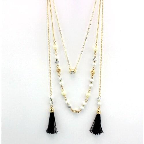 Female Bohemian Black Tassel Simulated Pear Necklace Female Gold Color Beads Necklaces Pendants For Women Jewelry Sne160097
