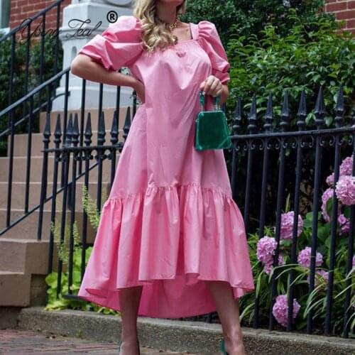 Women Square Collar Elegant Dress 2021 Autumn New Fashion Loose Short Puff Sleeve Swing Pink Dress Ruffle Vacation Maxi Dress