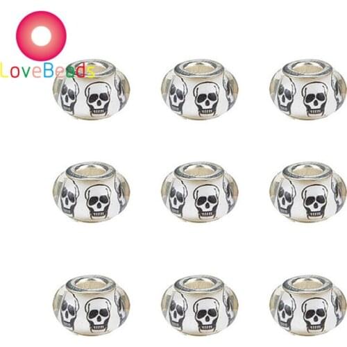 10Pcs New White Skull Bead Silver Plated Large Hole Spacer Beads Fit European Pandora Charm Bracelet Chain Women Men DIY Jewelry