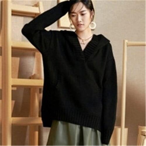 100% hand made pure wool hooded knit women fashion solid loose pullover sweater white 8color customized