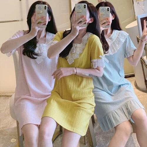 2021 Summer Sexy Lace V-neck Short Sleeve Cotton Nightgowns for Women Korean Sleepwear Night Dress Nightdress Home Dress Nighty