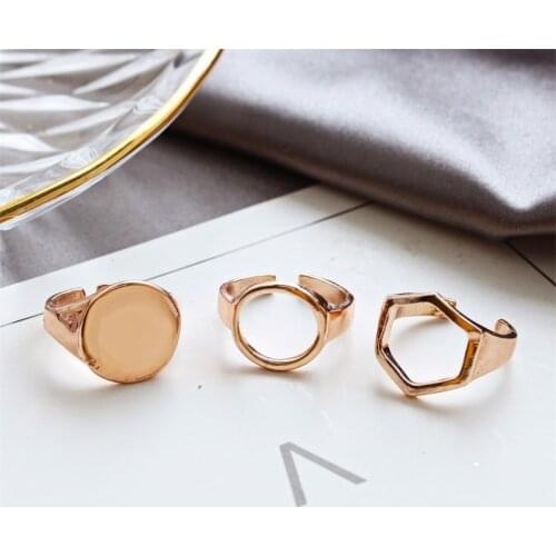 Retro Hollow Hexagon Circle Opening Rings Set For Women Girls Vintage Geometric Adjustable Finger Jewelry Gifts 3 Pieces