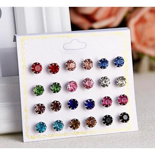 8Seasons Transparent Color Mixed Color Round Zircon Card Earrings Colorful Shiny Female Fashion Gift Earrings Jewelry 12 Pairs