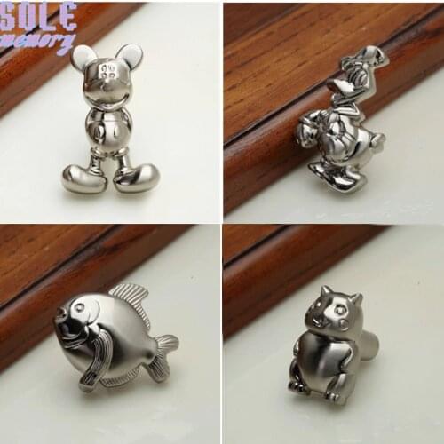 8pcs Cartoon Mickey Door Knobs stainless steel Fish Cupboard Drawer Pull Kitchen Cabinet Wardrobe Handles Kids Room Hardware