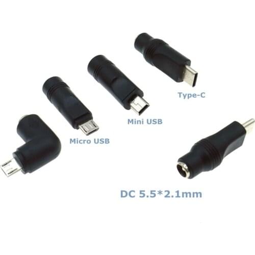 DC 5.5*2.1mm Female to Type-C Micro USB Mini USB 5V Power Conversion Charging Adapter for Male Mobile Phones and Tablets