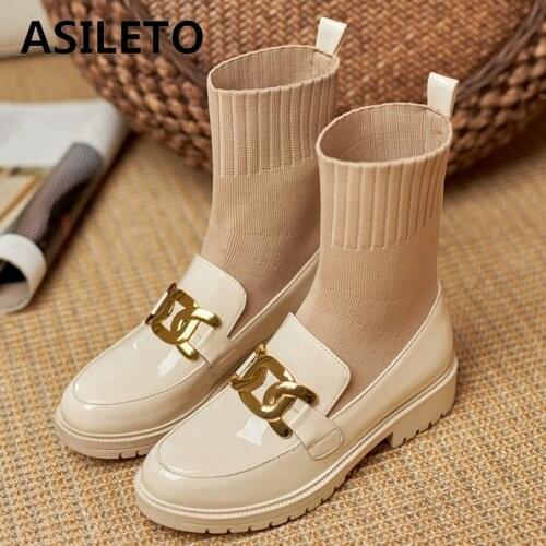 ASILETO Winter Autumn 2021 Square Toe Boots PU Leather Metal Chain Knitting Woolen Tube Sock Boot Women Fashion Stretchy S227