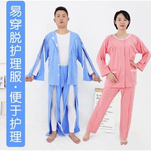 Long Sleeves Nursing Tops And Pant Zipper/Paste Style Easy to Wear/ Undress Clothing Convenient For Fracture Patients Sleeping