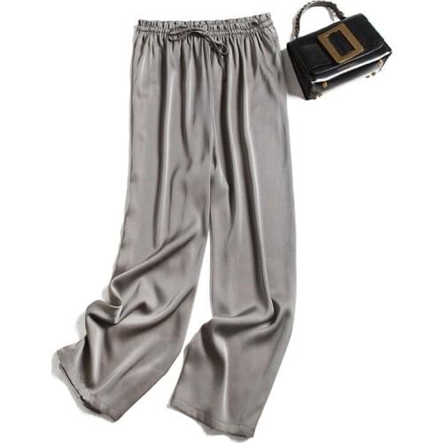 100% Silk Wide Leg Pants for Women Korean Fashion Trousers High Waist Pants Female Summer 2021 Pantalones De Mujer Pph4714