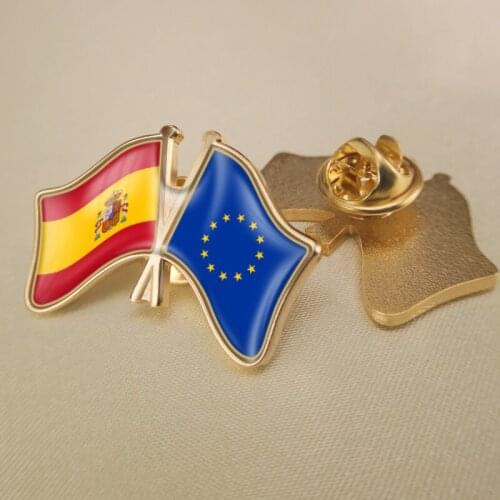 European Union and Spain Crossed Double Friendship Flags Brooch Badges Lapel Pins