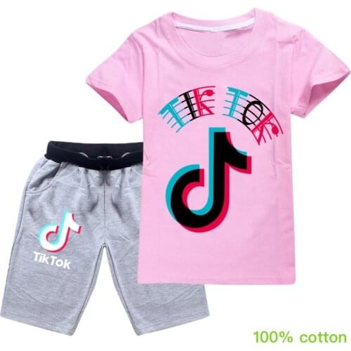 TIK TOK summer new childrens cotton T-shirt + shorts printing boys and girls casual hion 2pcs suit