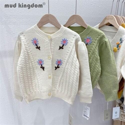 Mudkingdom Girl Cardigan Sweater Vintage Embroidery Floral Long Sleeve Tops Button Outerwear Toddler Drop Shoulder Autumn Clothe