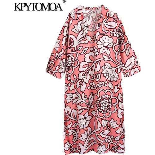 KPYTOMOA Women 2021 Fashion Floral Print Side Slit Midi Dress Vintage V Neck Three Quarter Sleeve Female Dresses Vestidos