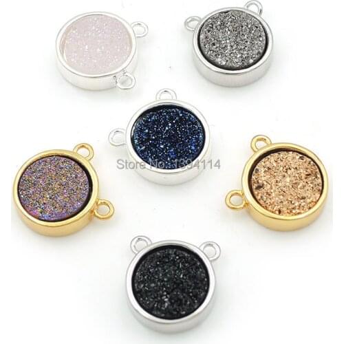 10mm 12mm Titanium Gold/Silve/Rainbow/Blue/Black/AB Agat e Druse Round Setting Charms Of Double Loops Making Necklaces Jewelry