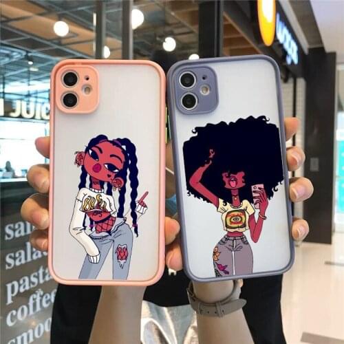 Fashion Black Girl Pattern Phone Case For iPhone 11 Pro MAX 12Mini 7 XS X SE20 XR 8 6lus Women Hard Clear Back Cover Matte Shell