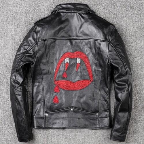 Mens Black Genuine Cowhide Leather Motorcycle Clothing Leather Jacket Oblique Zipper Jacket Fashion Trend Leather Jacket Coat