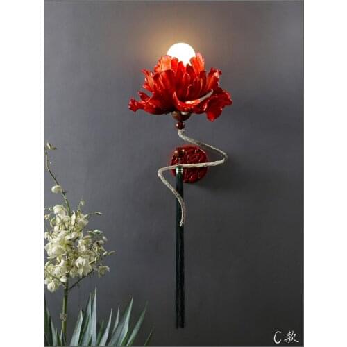 Neoclassical Three-dimensional Flower Wall Lamps Chinese Style Living Room Entrance Hallway Red Art Deco Hand-painted Wall Light