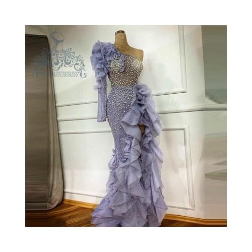 Real Image Lavender Ruffles Tulle Prom Dress Luxury Beading Crystals See Thru Evening Dress High Slit Pageant Gowns Abendkleid