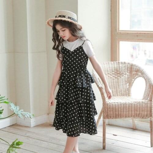 Girls Polka Dot Princess Dress Two-piece Ruffle Outfit Children Clothing Sets Summer Girls Cake Dress+ T-shirt for Kids Clothes