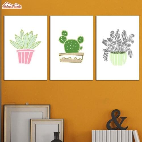 ShineHome-3pcs Canvas Painting Triptych Printing Nordic Cactus Pot Picture Artwork Wall Poster Prints for Kids Living Room Decor