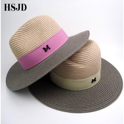 M letter Large Wide Brim Straw Hat for Women 2018 New Summer Anti-UV Beach hat M panama straw fedora womens travel Sun cap