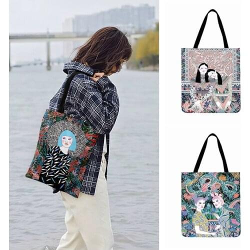 Foldable Shopping Bag Tattooed Oriental Girl Painting Print Tote Bag For Women Casual Tote Ladies Shoulder Bag Outdoor Beach Bag