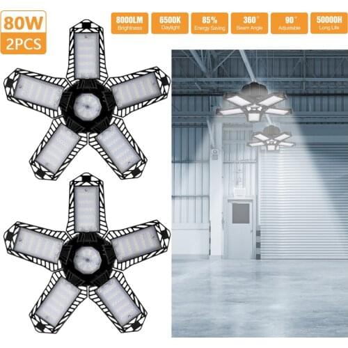 Led Garage Lights 2 Pack 80W 5 Leaf Adjustable Garage Light Deformable 8000LM Screw In Garage Light Bulb 5+1 Multi-Position