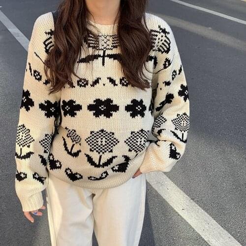 Jacquard flroal pritn preppy style sweater elegant slim-fit loose oversiz sweater lazy style casual fashion sweater 2021 new top