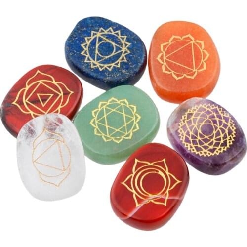 TUMBEELLUWA Healing Reiki Crystal Engraved Chakra Symbols Balancing Polished Palm Stone Set of 7
