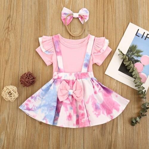#VW Kids Baby Girl Summer Sweet Suit Short Sleeve Tops Bow Tie-dye Suspender Skirt Outfits Set Children Girls Sets ropa niña