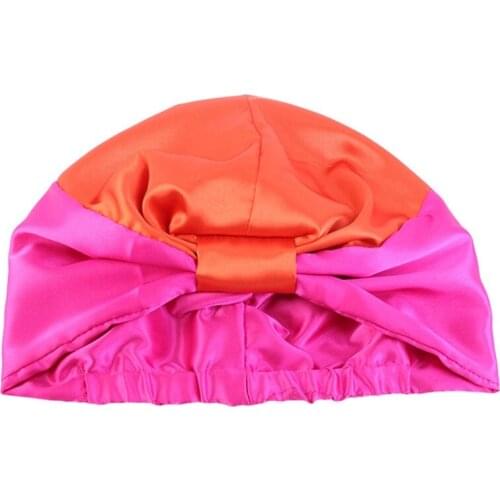 Women Faux Silk Sleeping Bonnet Cap Contrast Color Knotted Elastic Band Turban Hat Double Layer Hair Loss Head Cover