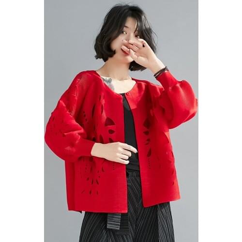 Spring Summer 2021 New Miyak Pleated Loose Large Size Red Short Jacket Women Elegant and Fashionable Hollow Outer Wear Soft Top