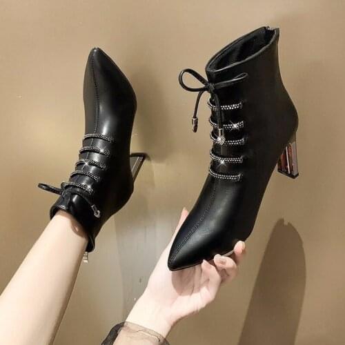 Thick High Heels Women Ankle Boots Square Toe Zip Footwear PU Leather Female Boot Shoes Woman 2020 New Black Q10-48