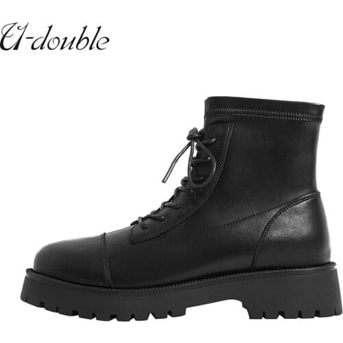 U-DOUBLE Ankle Boots Big Size 41 Women Genuine Leather 2022 New Lace-up Fashion Women Platform Winter Boots Office Lady Footwear