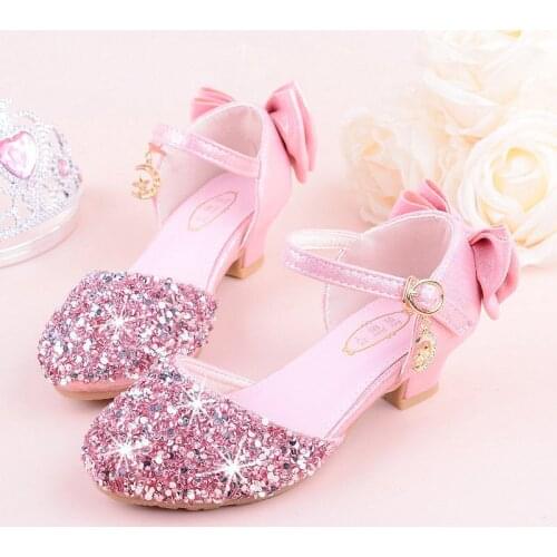 2019 girls bow high heel sandals childrens princess dance performance summer womens shoes silver and pink 26-38