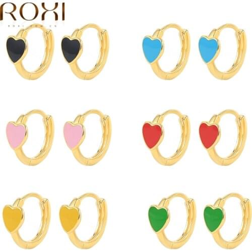 ROXI 925 Sterling Silver Love Enamel Earrings For Women Colourful Pendientes Huggie Hoop Earrings Jewelry Gold Earrings Orejera