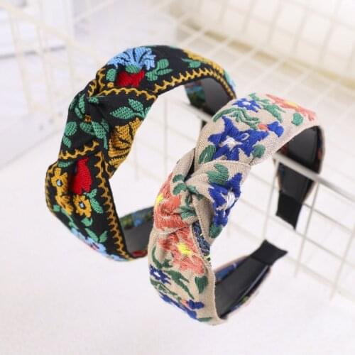 AWAYTR Female Ethnic Hairband Embroidery Flower/Leaf Headband Head Bezel for Women Cross Knotted Hair Hoop Headbands Headwear